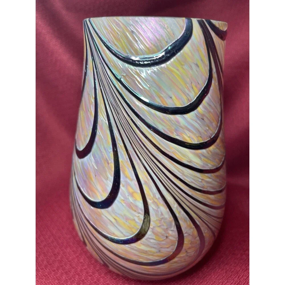 Teleflora Iridescent Art Glass Abstract Swirl Vase, Black, Taiwan, 7.5 in